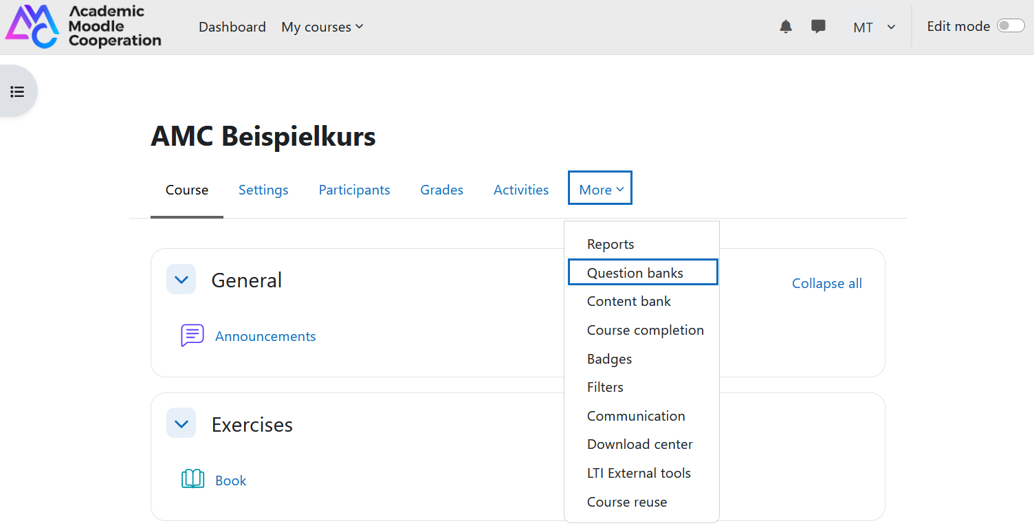 Screenshot: call up question banks in the course