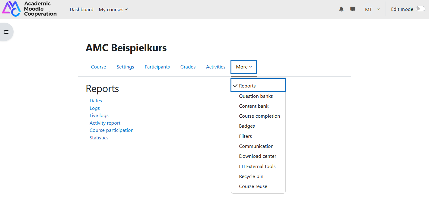 Screenshot: call up reports via the tab 