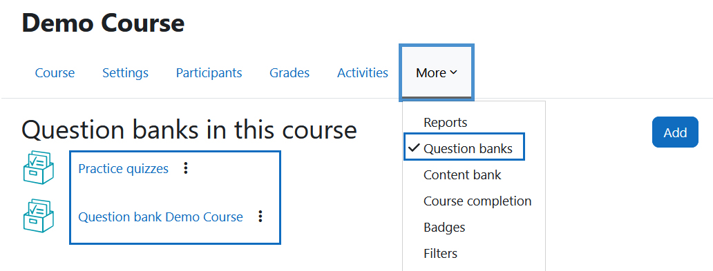 Screenshot: list of question banks of a course