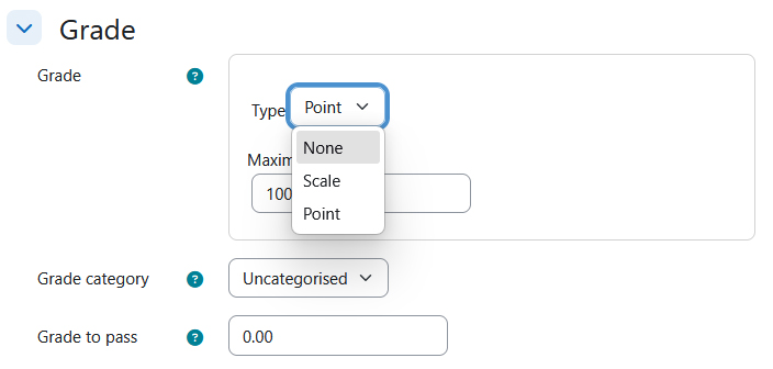 Screenshot: grade settings for the activity