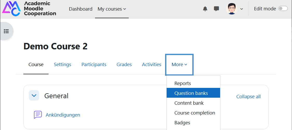 Screenshot: access the question banks via tab 