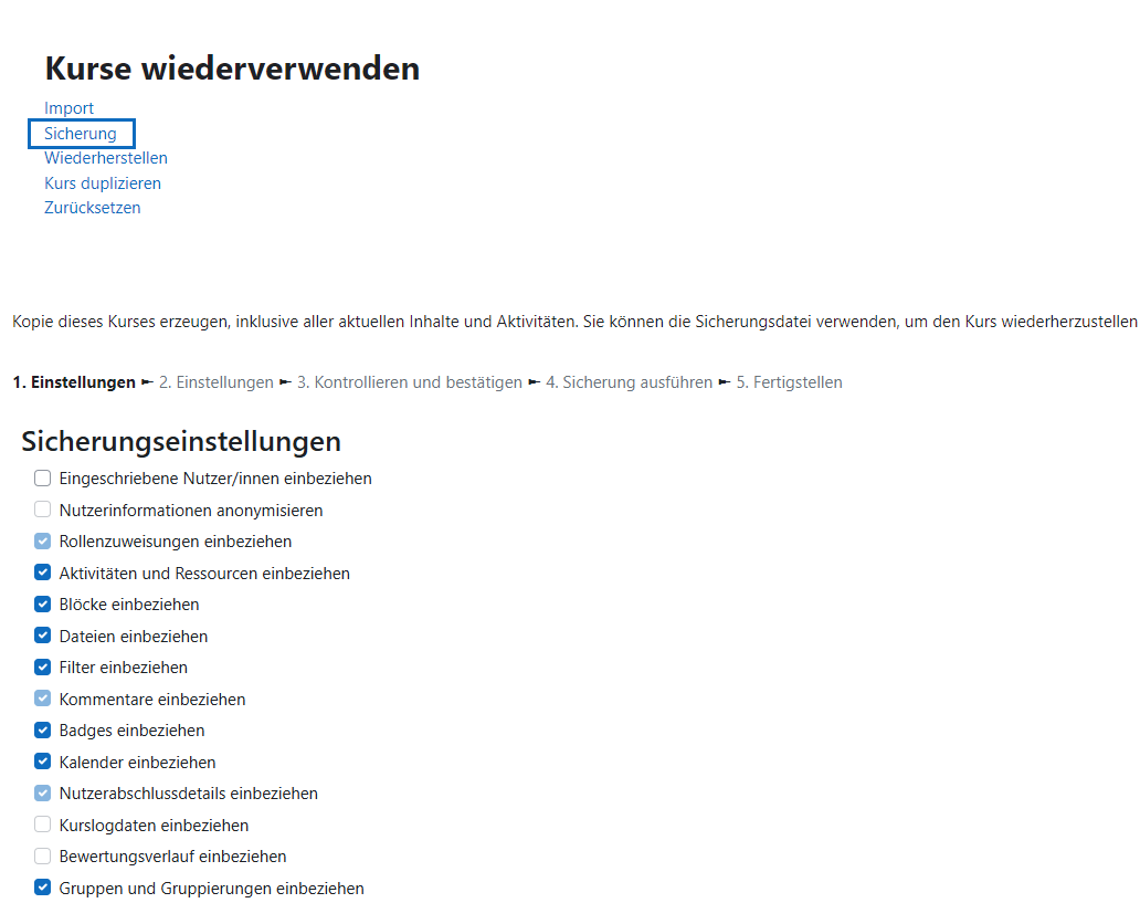 Screenshot Kurssicherung Auswahl