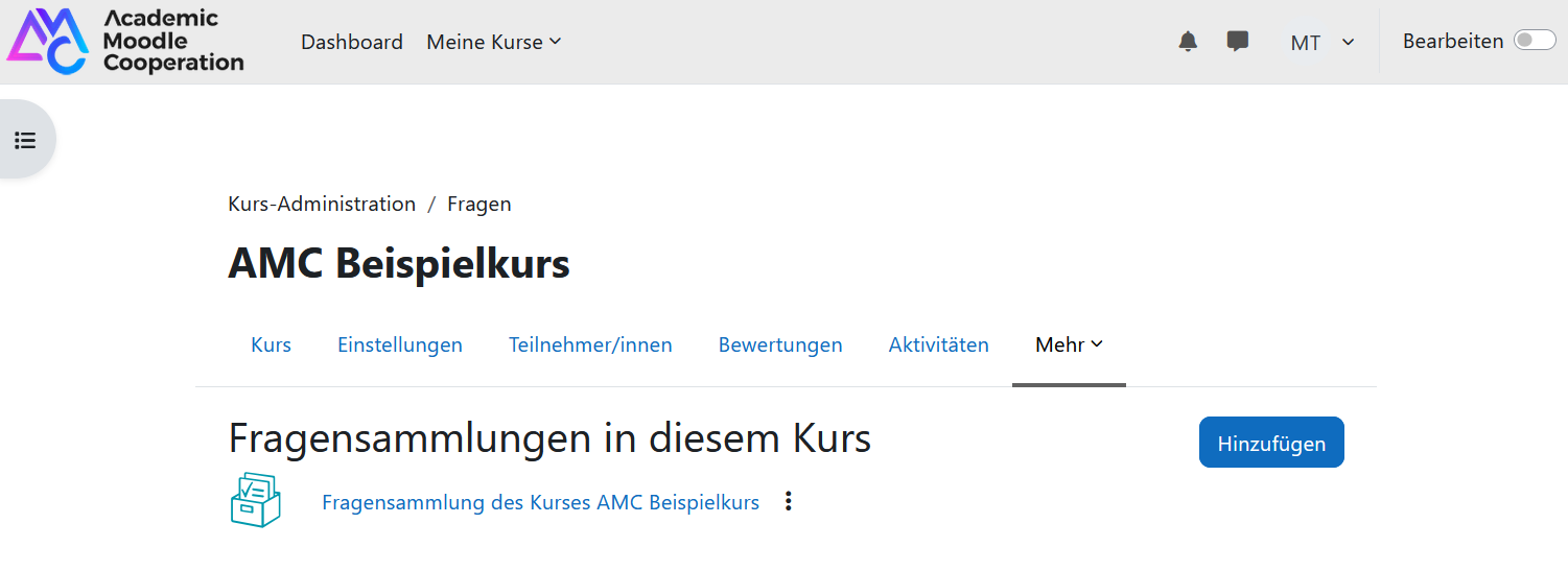 Screenshot: Fragensammlung des Kurses wählen