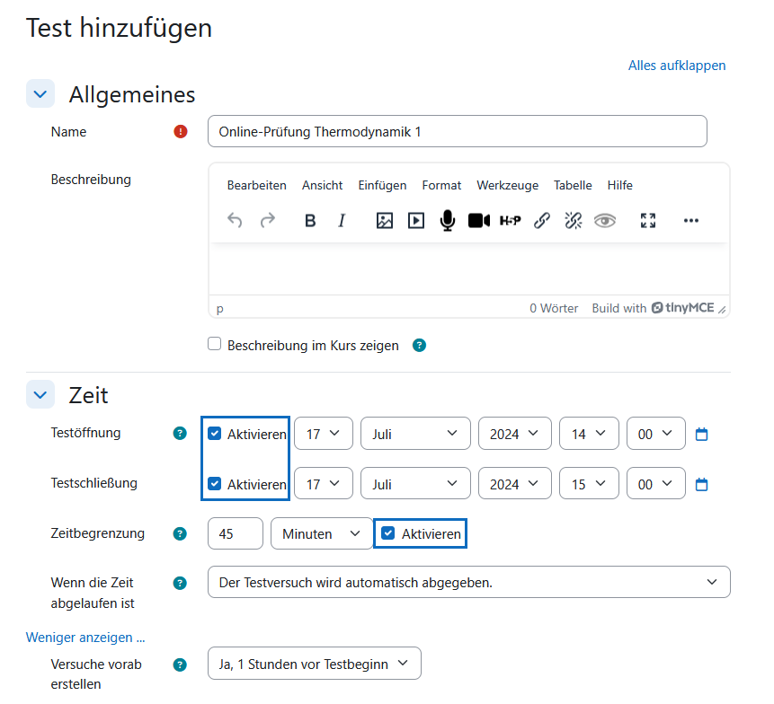 Screenshot: Zeitbegrenzung beim Test festlegen