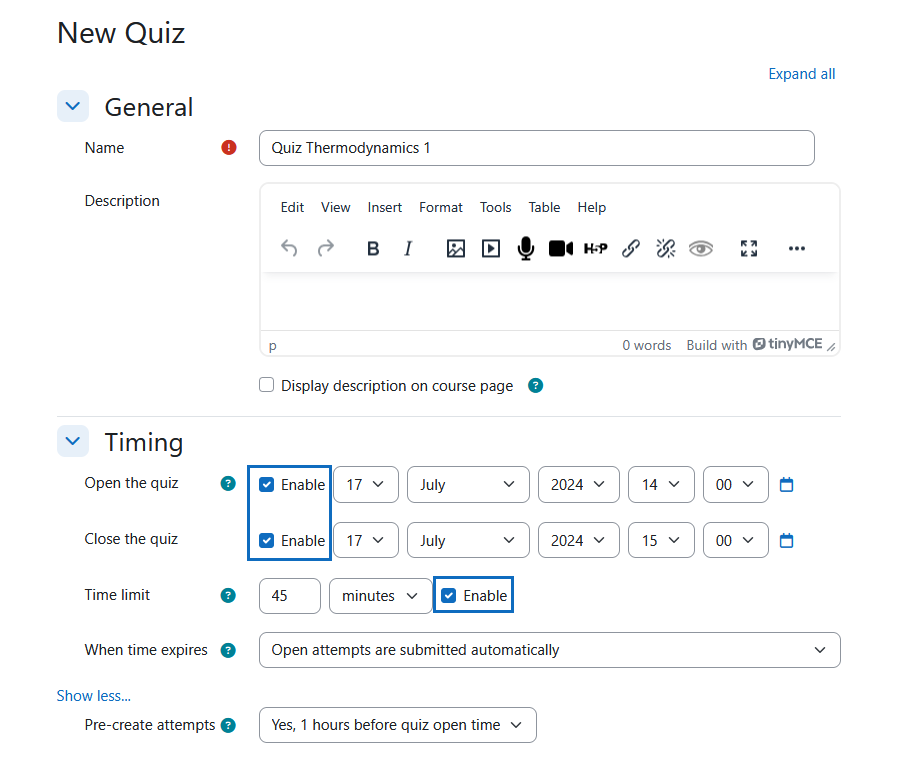 Screenshot: Add name and timing to a quiz