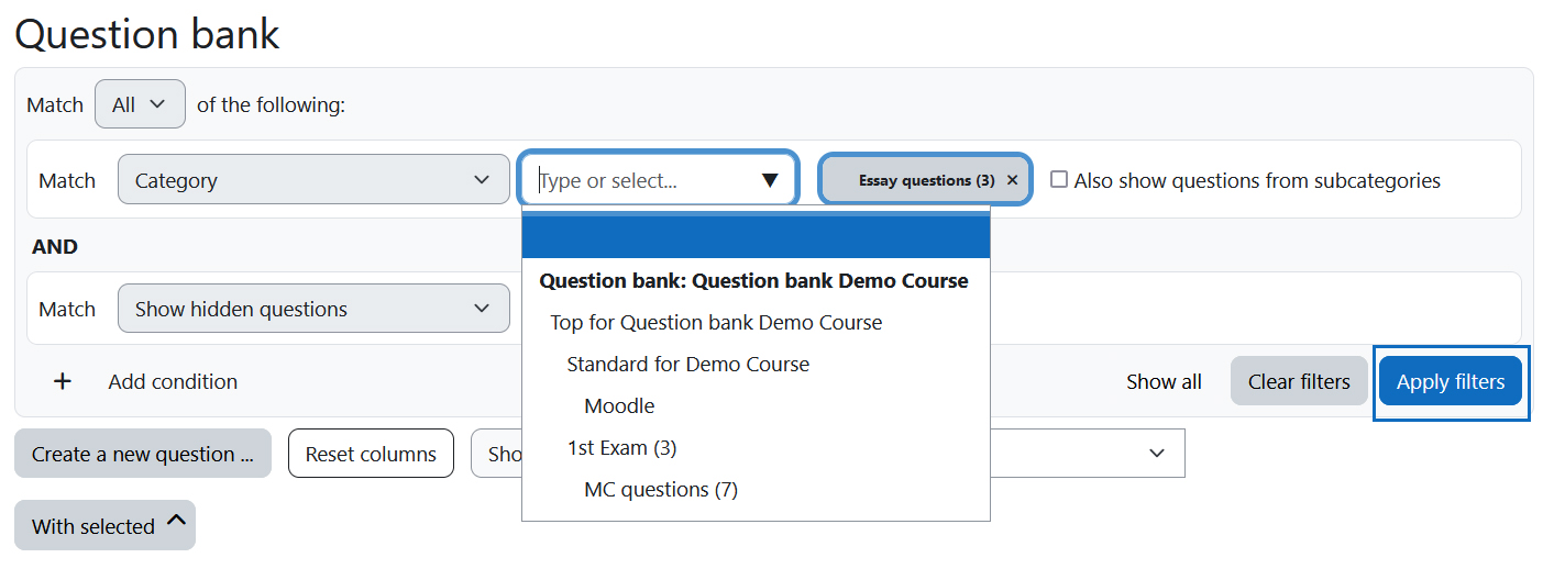 Screenshot: select a category from a drop-down menu an call it up via button 