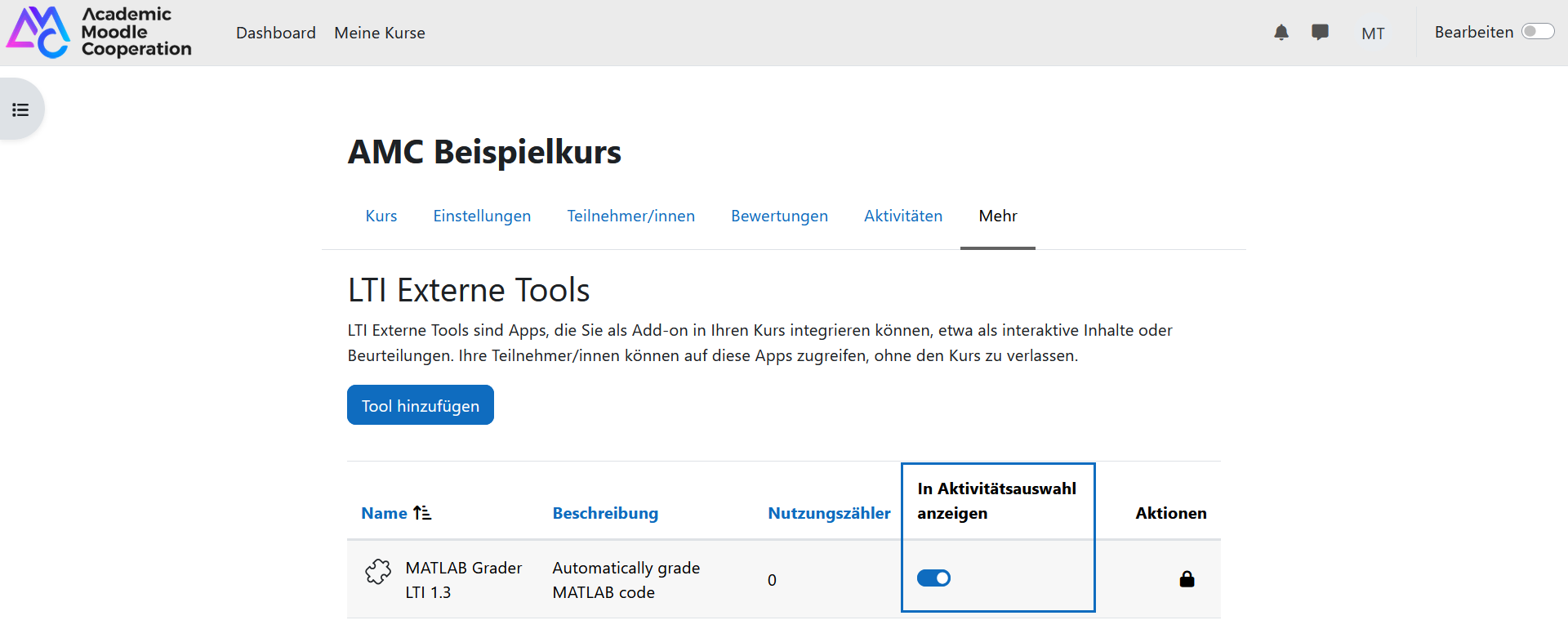 Screenshot: Übersicht der vorkonfigurierten externen Tools