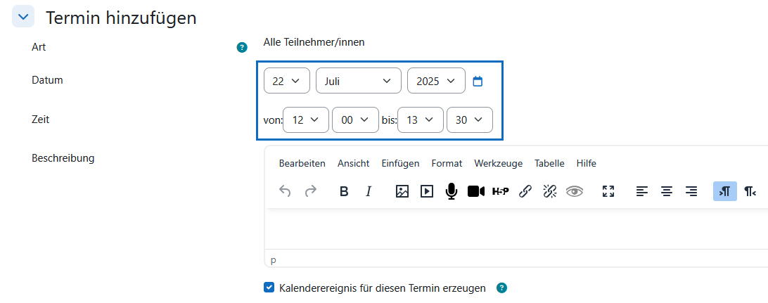 Screenshot: Einstellungen für einen neuen Termin