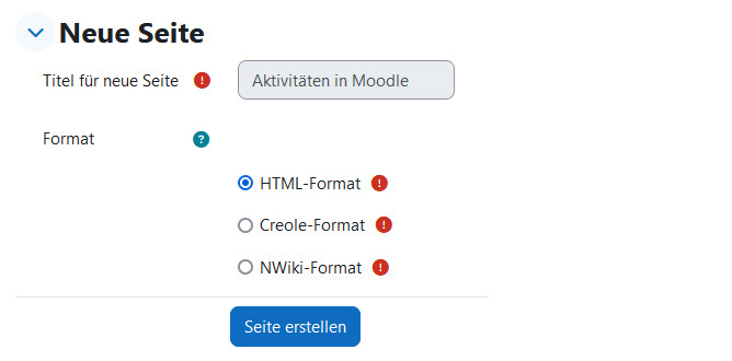 Screenshot: Format für eine neue Seite auswählen