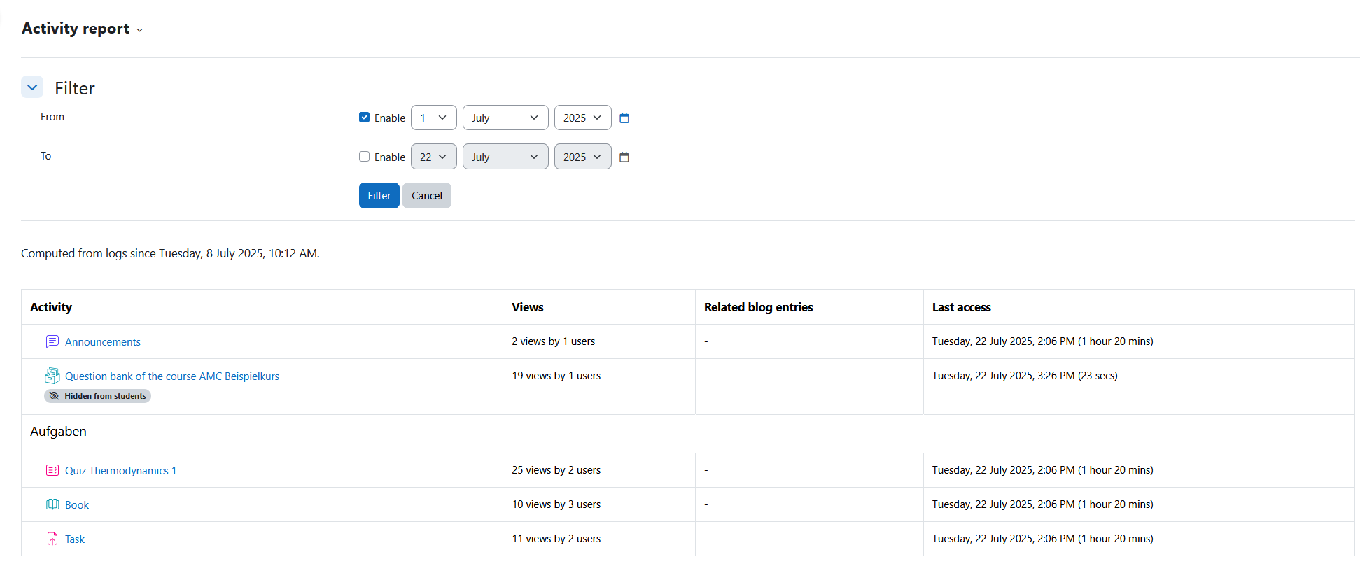 Screenshot: use the Activity report