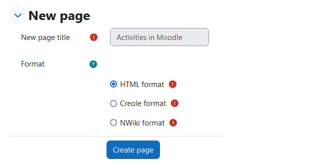 Screenshot: select format for a new page