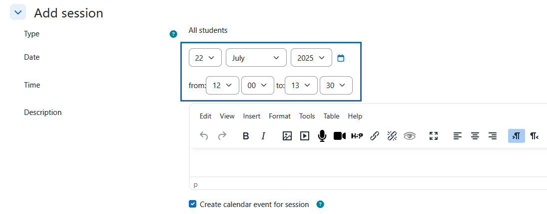 Screenshot: make settings for a new session