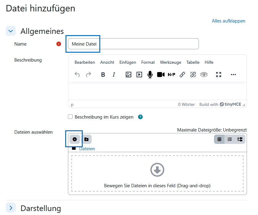 Fügen Sie einen Namen hinzu und klicken Sie auf das Pluszeichen, um eine Datei hinzuzufügen.