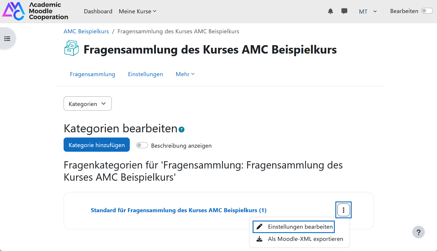 Screenshot: Einstellungen der Kategorie aufrufen