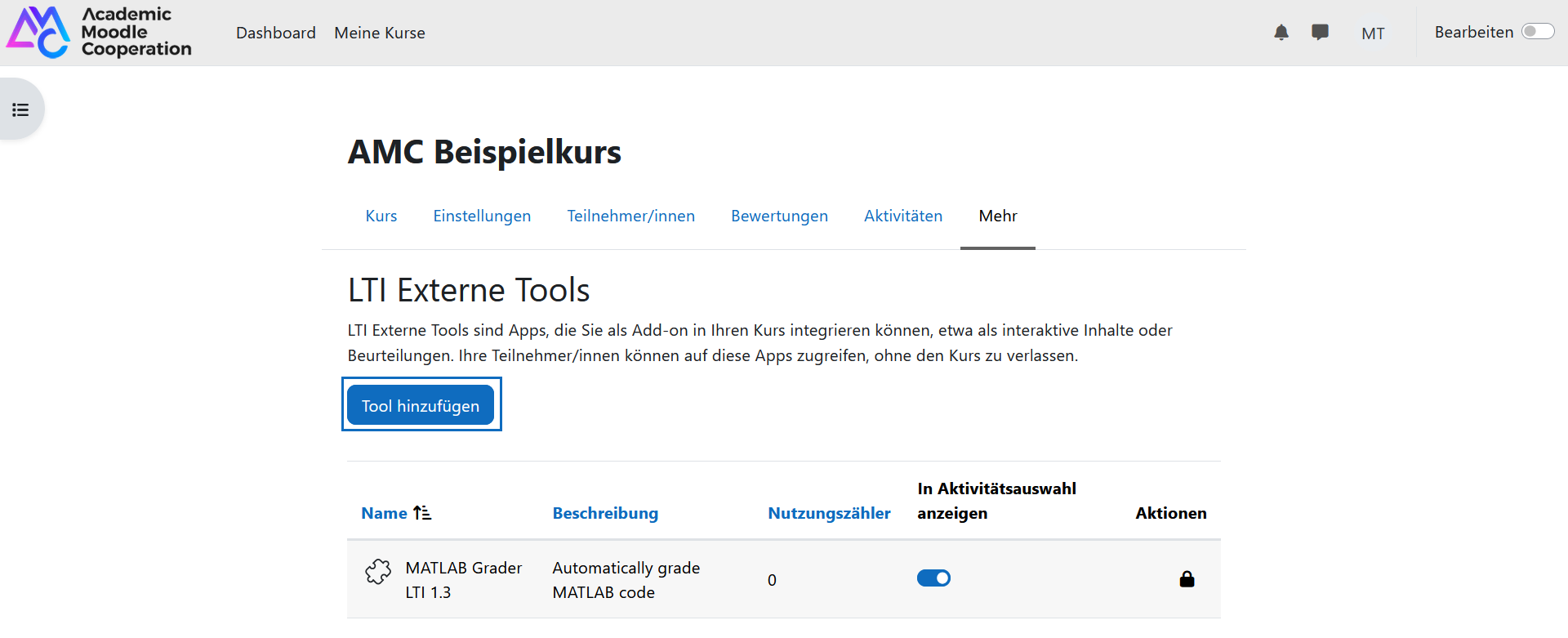 Screenshot: Ein neues externes Tool hinzufügen