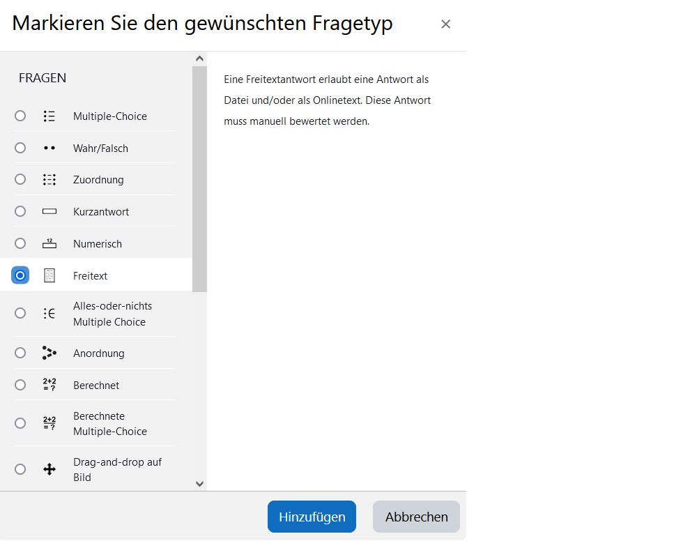 Screenshot: Liste der Fragetypen mit 