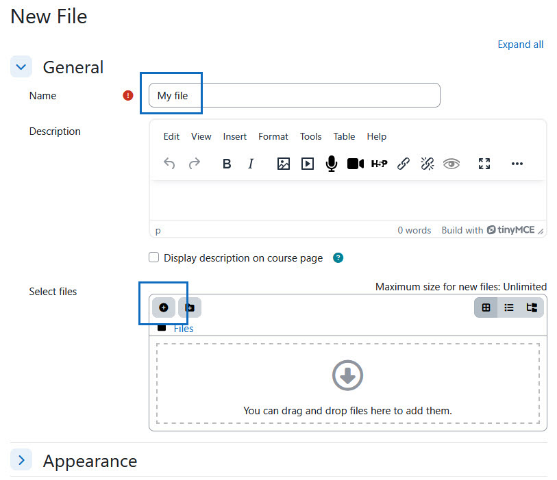 Add a name and click on plus symbol to add a file