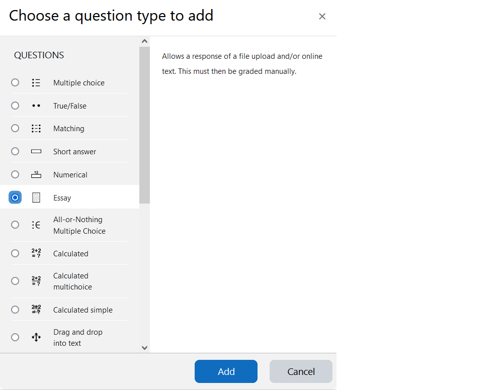Screenshot: list of question types with 