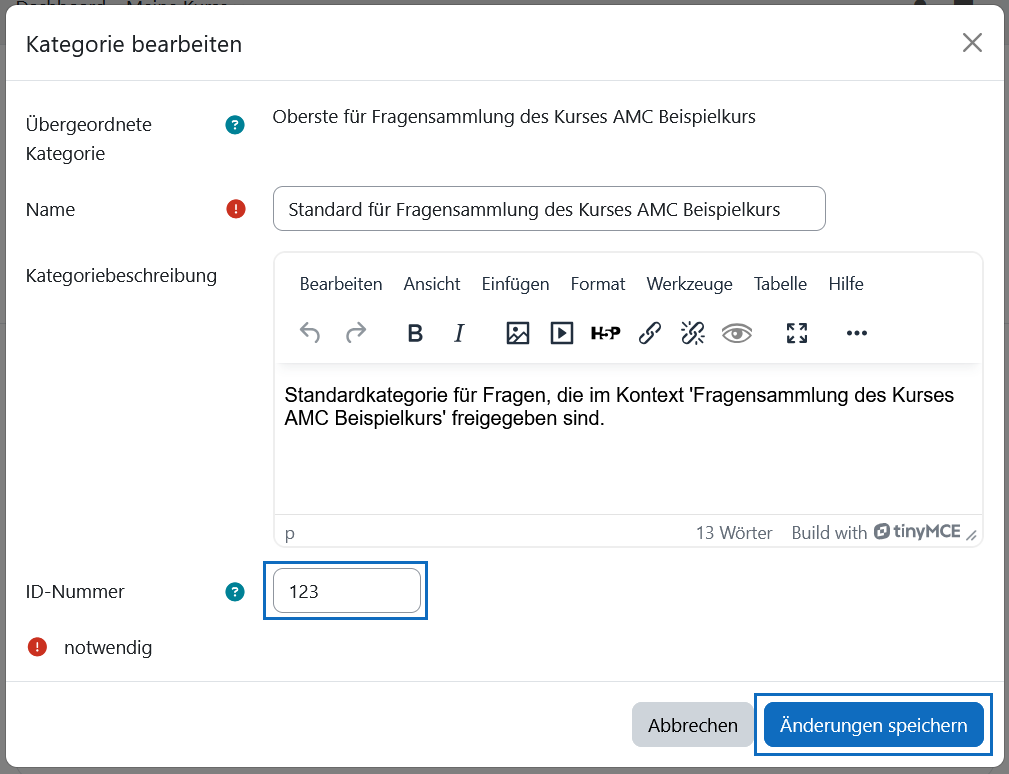 Screenshot: Kategorie bearbeiten und ID Nummer ergänzen