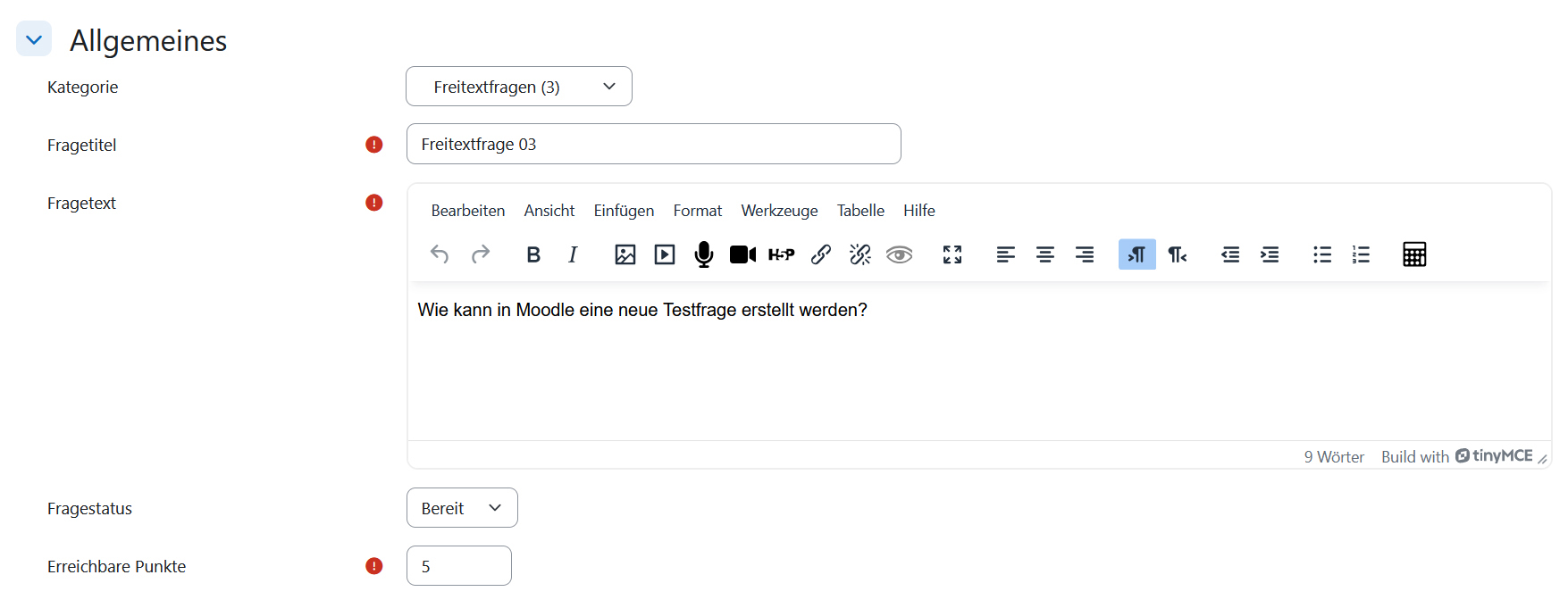 Screenshot: Allgemeine Einstellungen einer Frage