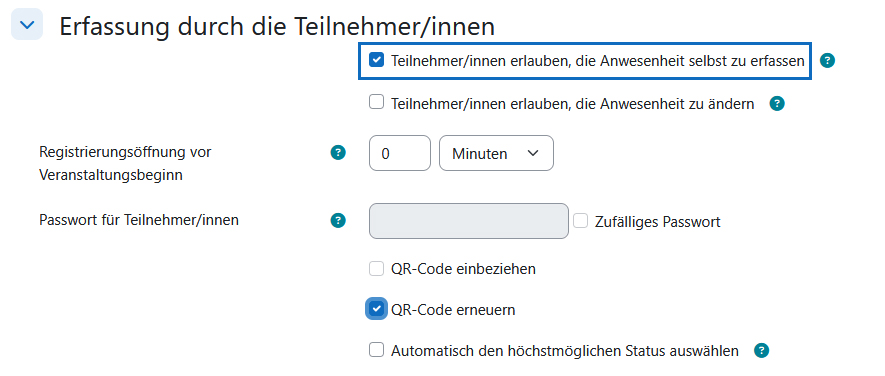 Screenshot: Einstellungen für die Anwesenheitserfassung durch Studierende