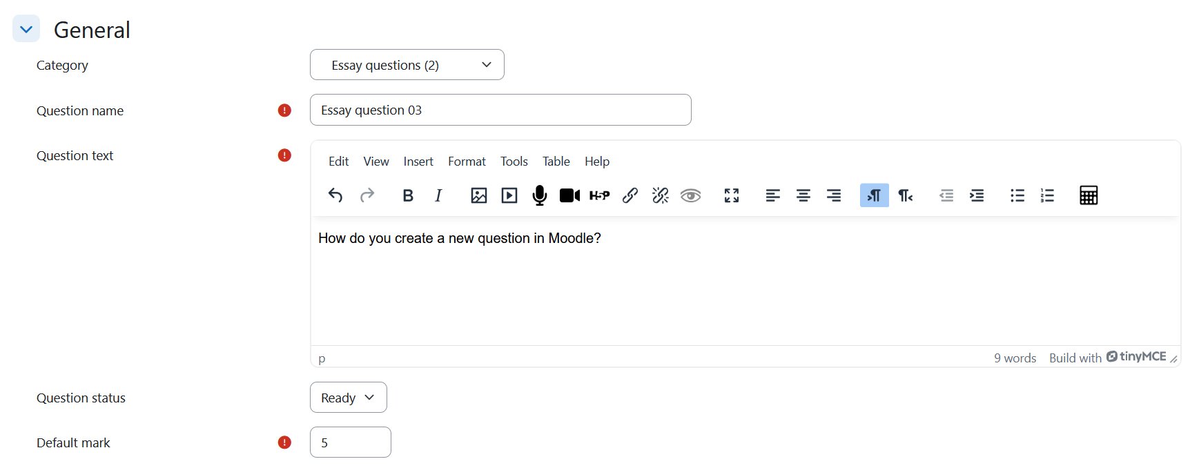 Screenshot: General settings of a question