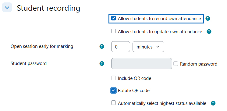 Screenshot: settings for the attendance recording by students