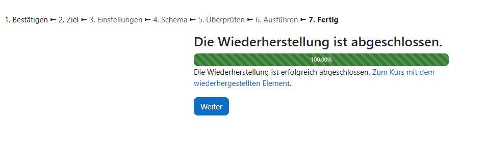 Screenshot Kurs Wiederherstellung erfolgreich