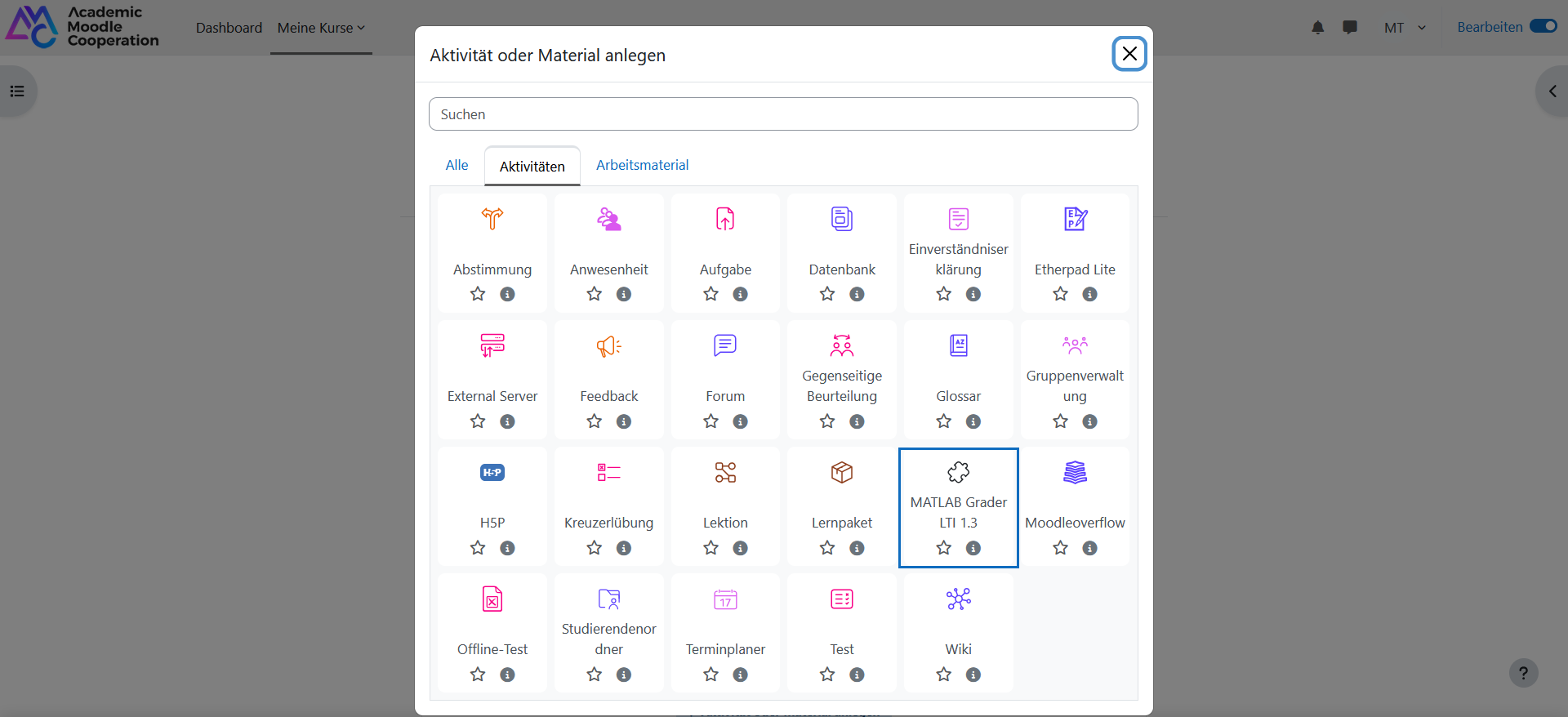 Screenshot: Ein neues externes Tool über die Aktivitätenauswahl hinzufügen