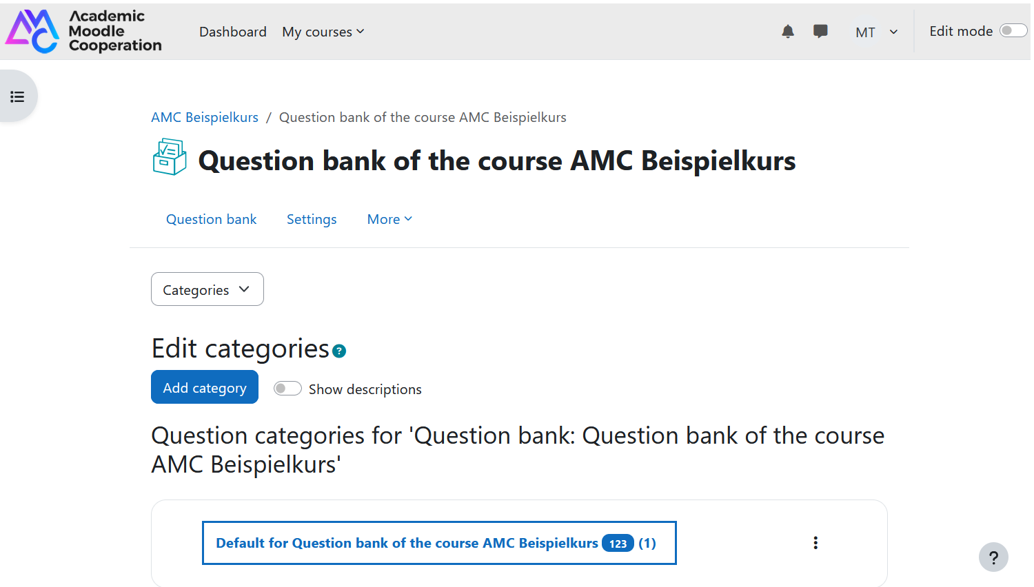 Screenshot: call up questions in category