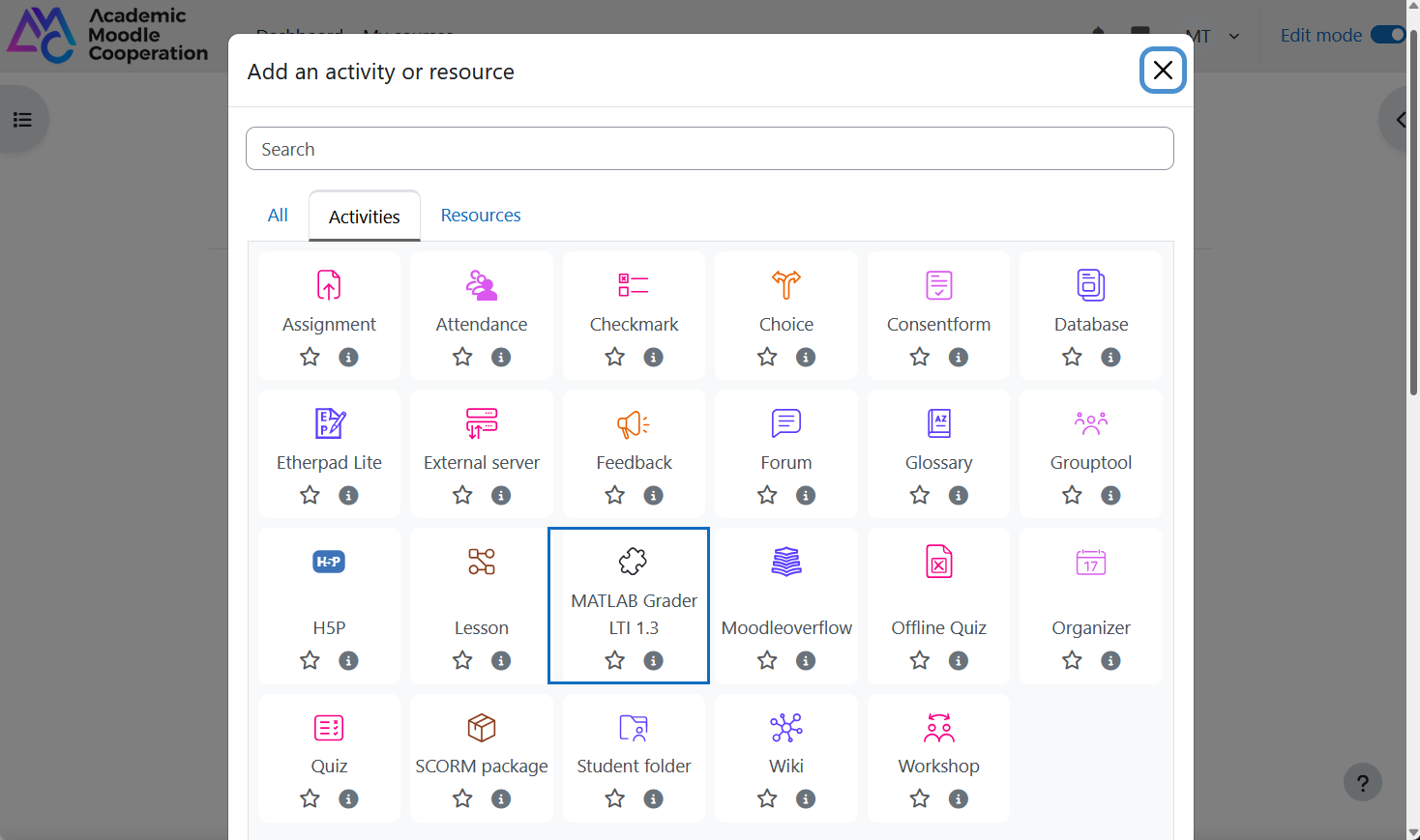 Screenshot: add an external tool via the activity chooser