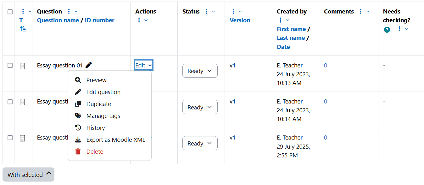 Screenshot: editing menu of a question
