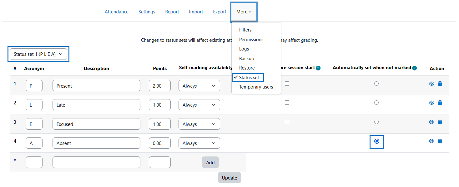Screenshot: status set
