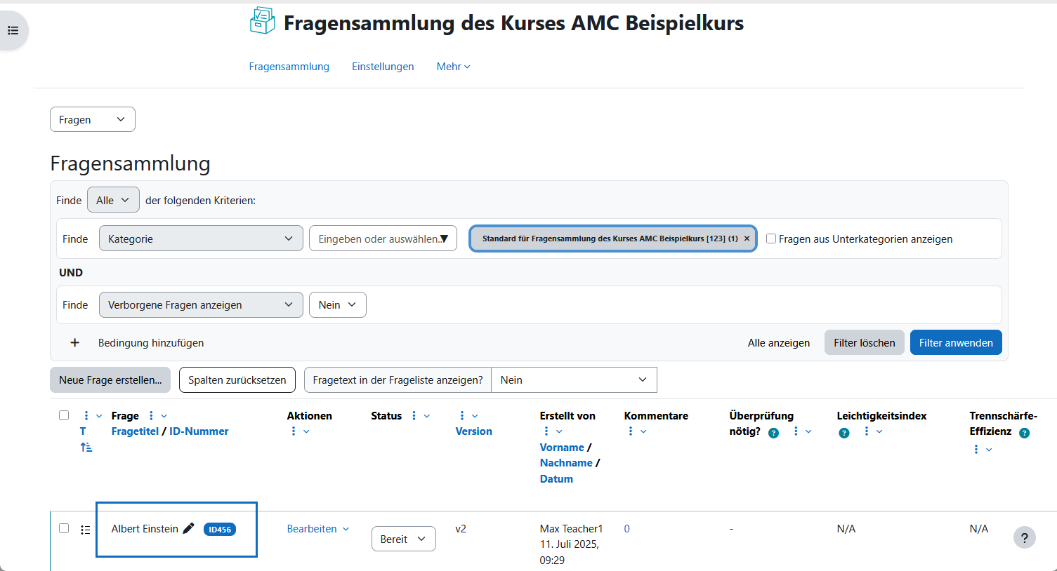 Screenshot: ID für Frage einsehen