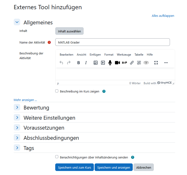 Screenshot: Einstellungen beim externen Tool setzen