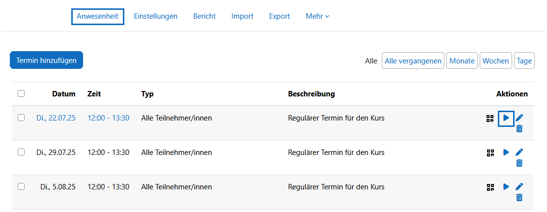 Sreenshot: Terminliste mit Symbolen zum Aufrufen der Anwesenheitserfassung