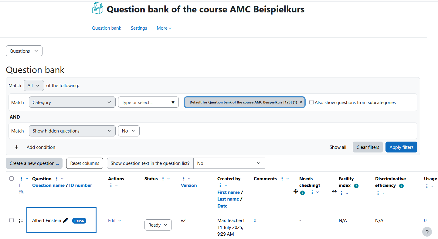 Screenshot: view the ID number of the quiz question