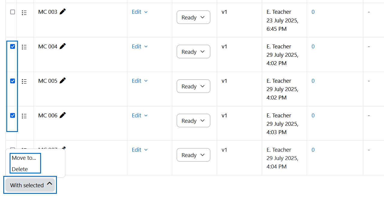 Screenshot: ticked questions and open 