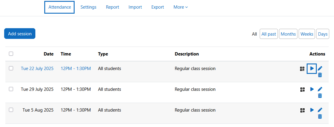 Screenshots: session list with symbols to call up attendance tracking