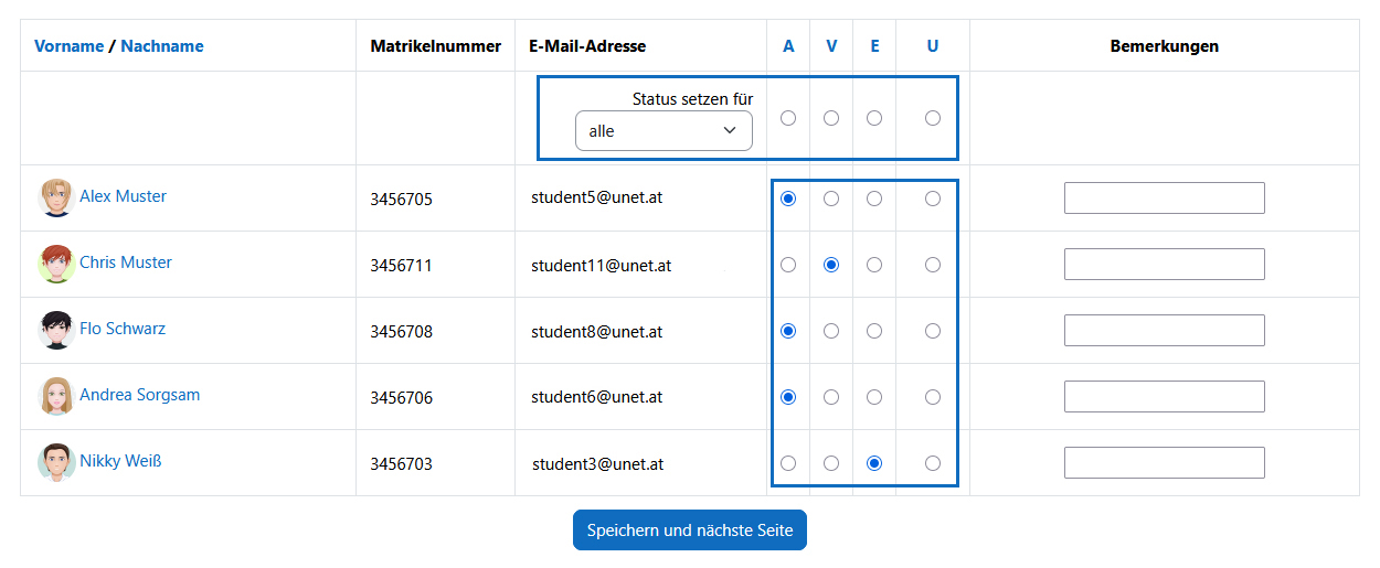 Screenshots: Studierendenliste mit erfassten Anwesenheiten