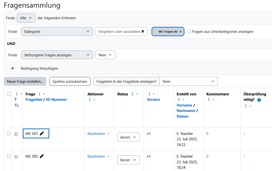 Screenshot: Fragenliste mit neu angelegter MC-Frage