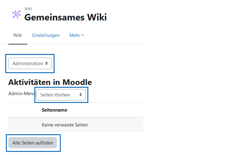 Screenshot: Übersicht der Seiten zwecks löschen einer Seite aufrufen
