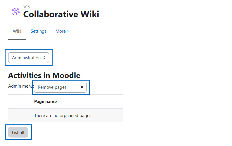 Screenshot: call up list of pages in order to deleta a page