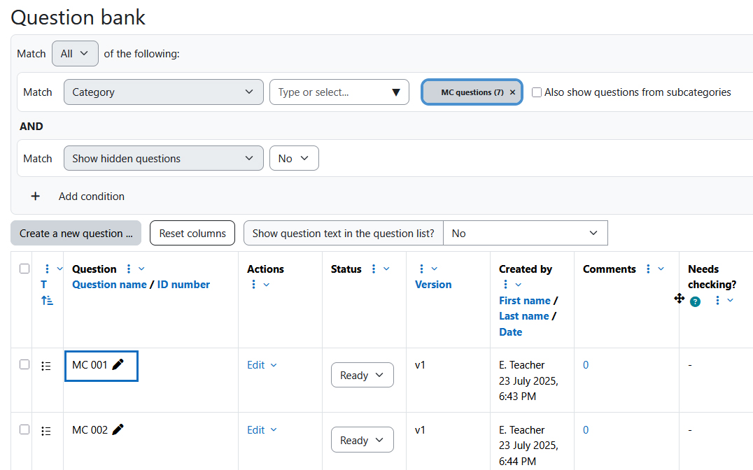 Screenshot: question list with newly added mc question