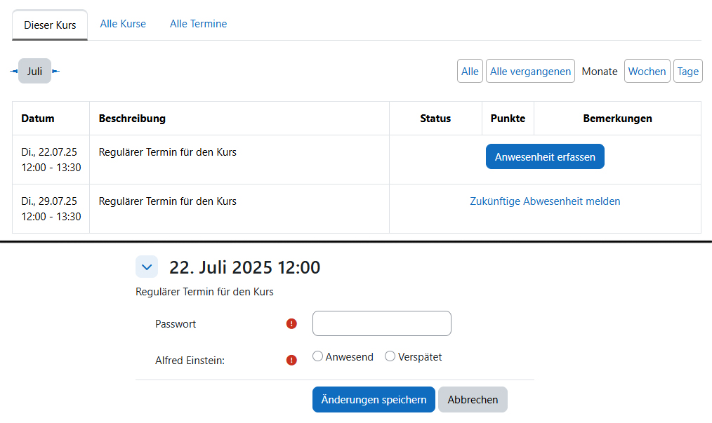Screenshots: Anwesenheitserfassung aus Studierendensicht