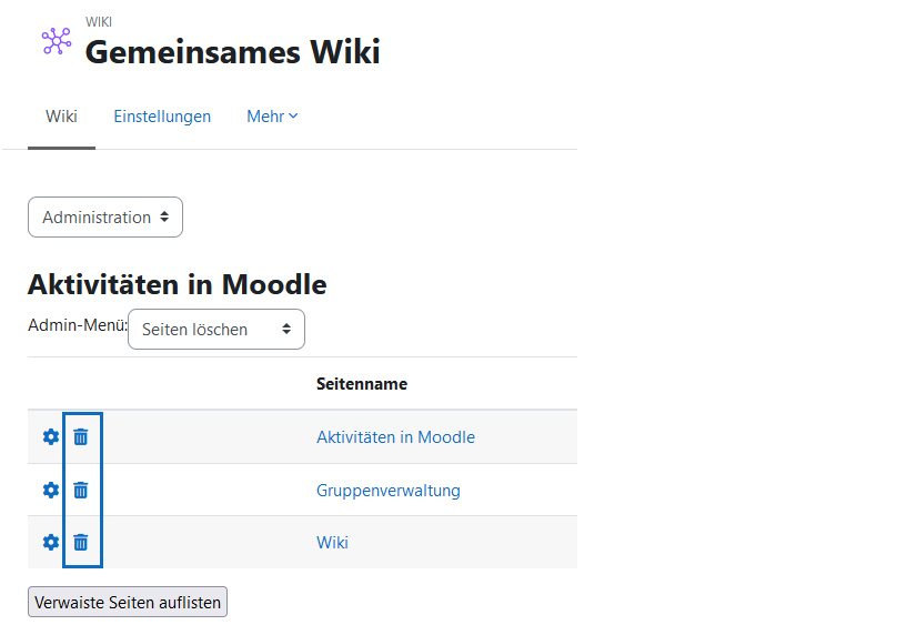 Screenshot: Seitenliste mit Löschsymbolen