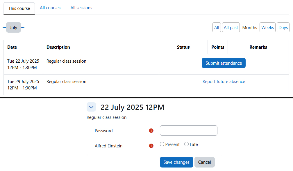Screenshots: attendance recording from a student's view