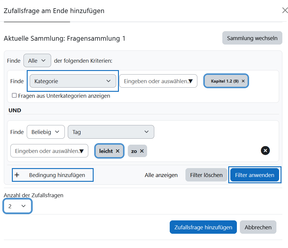 Screenshot: Filteroptionen mit Hervorhebungen der Kategorie, Tags und der Anzahl der zu wählenden Zufallsfragen