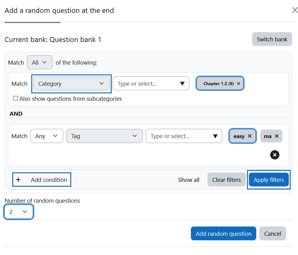 Screenshot: filter options with highlighting the category, tags and the number of random questions to be drawn