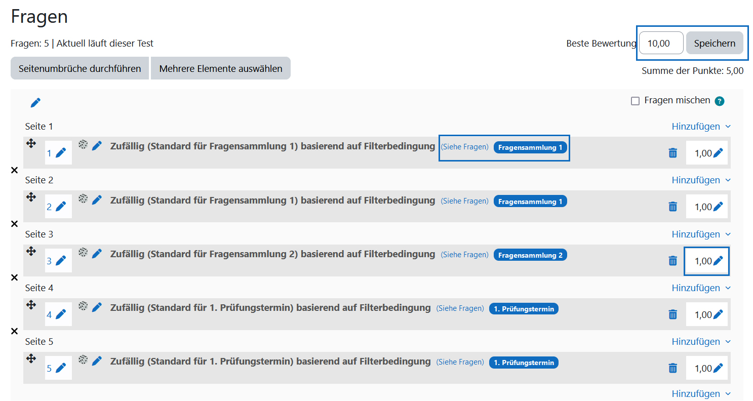 Screenshot: Fragenliste im Test mit Zufallsfragen und Hervorhebung der Bewertungseingabefelder und Labels für die Fragenbanken